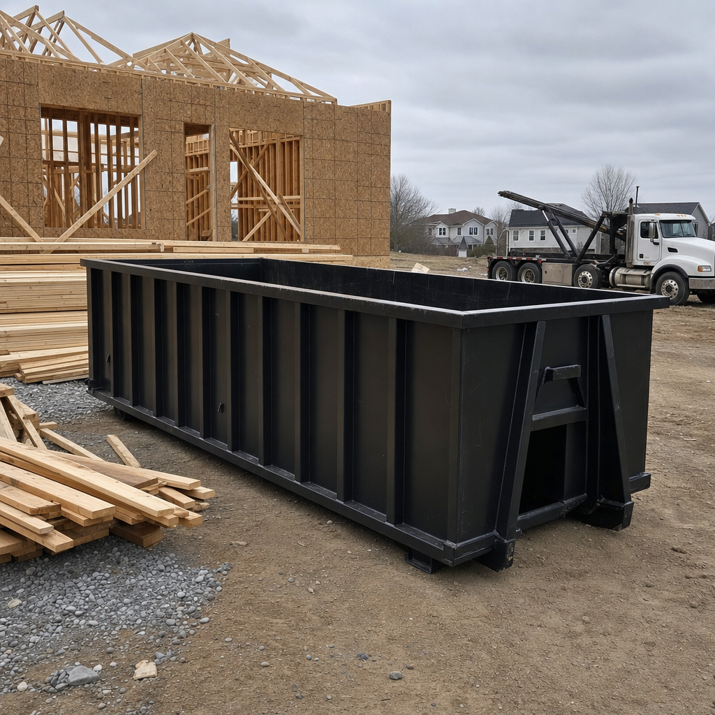Matte-black 40-yard roll-off dumpster staged on a framed-out residential construction site in Phelan, framing lumber stacked nearby, hooklift delivery truck visible in the background under bright Colorado daylight