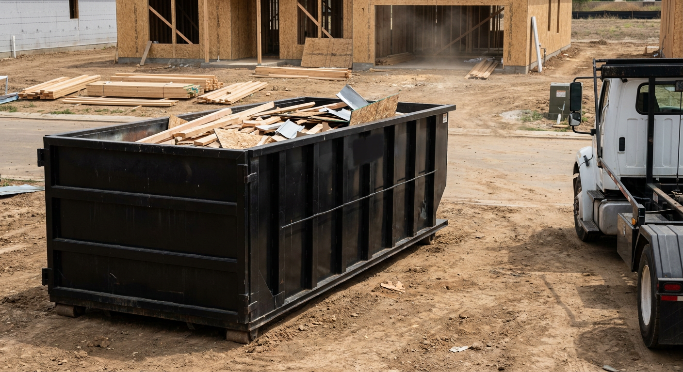 Matte-black 20-yard roll-off construction dumpster with heavy ribbed steel sidewalls and swing rear doors at a working jobsite in Phelan, sitting directly on compacted dirt with an unmarked white hauler partially visible at the far edge of the frame.