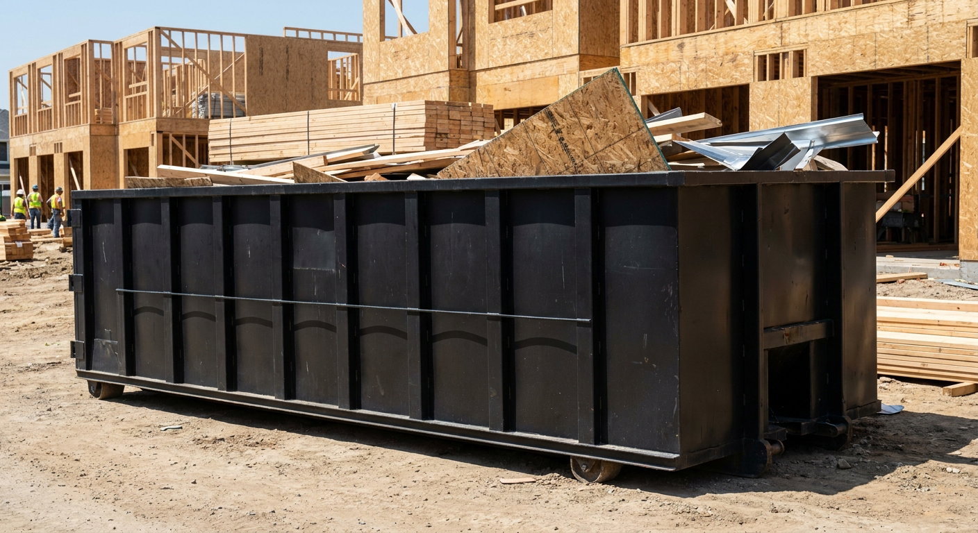 Matte-black 40-yard roll-off construction dumpster being lowered from a white-cab hooklift delivery truck onto the compacted-dirt jobsite at a commercial build site in Phelan