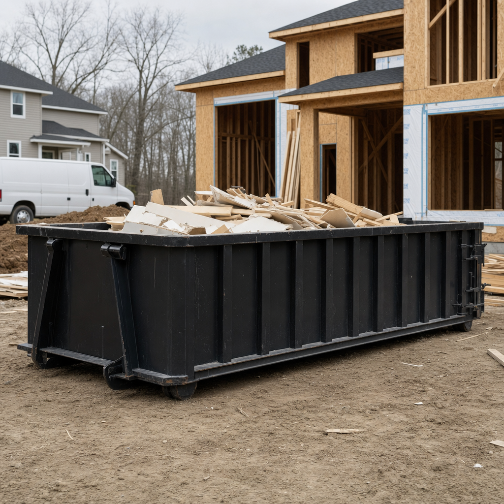 Worker in a yellow high-visibility vest tossing framing lumber and broken drywall into a matte-black 30-yard construction roll-off dumpster on an active build site in Phelan, bright daylight