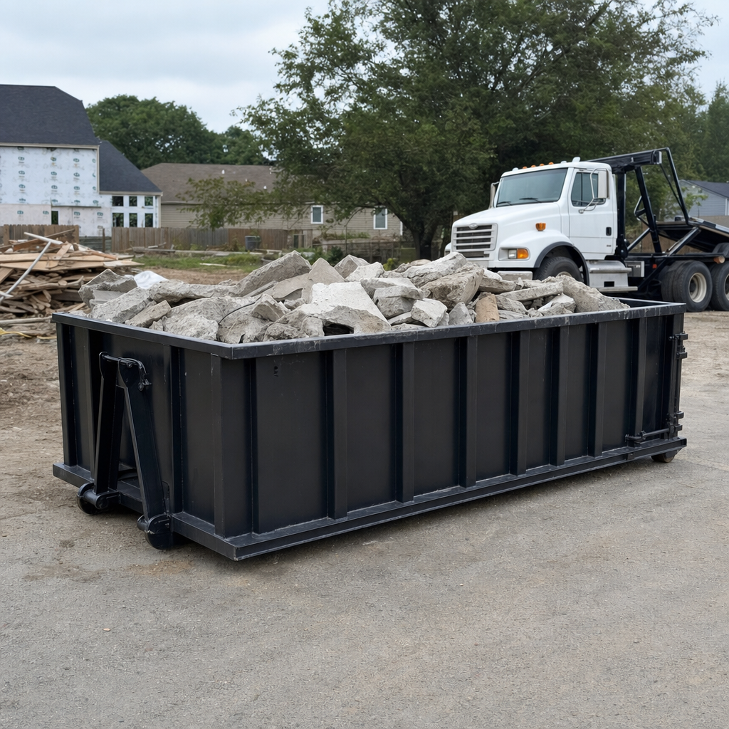 Low-profile matte-black lowboy roll-off dumpster loaded with broken concrete slab and rebar at a foundation tear-out in Phelan, skid steer parked beside it, sunny Colorado morning