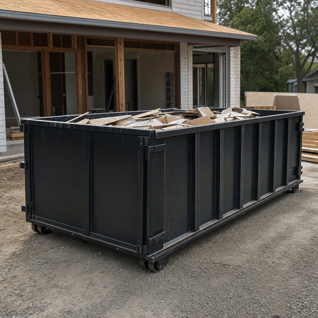 Large matte-black 30-yard construction roll-off dumpster at an active Phelan jobsite, steel-gray top rails and bottom rollers visible, loaded with construction debris.