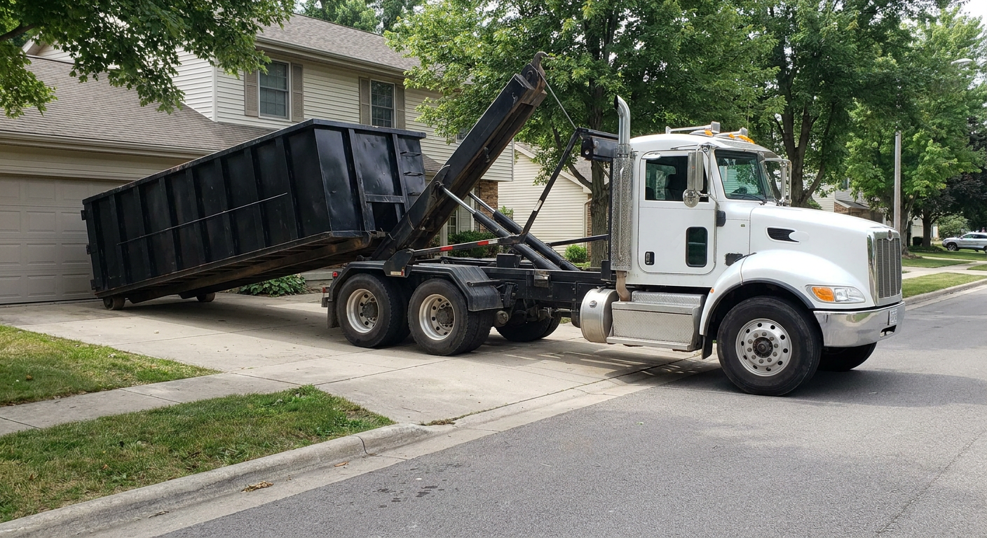 White-cab hooklift roll-off truck actively lowering a matte-black dumpster onto a Phelan residential concrete driveway, the dumpster's rear wheels touching the driveway as the hoist arm tilts the bed forward, mid-morning daylight.