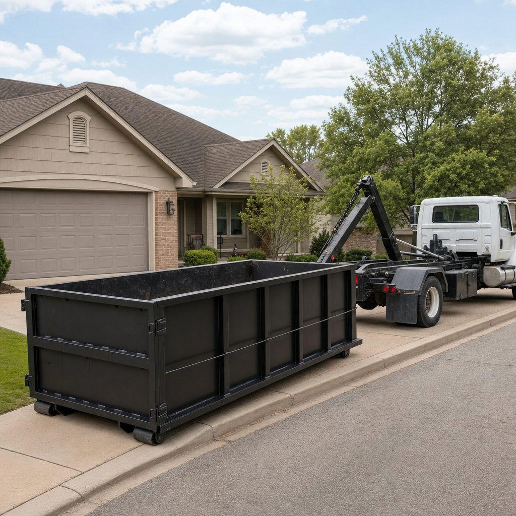 Wide documentary shot of a matte-black roll-off dumpster on a Phelan residential driveway in the foreground and a contractor jobsite container in the soft-focus background, bright daylight, calm and orderly composition.