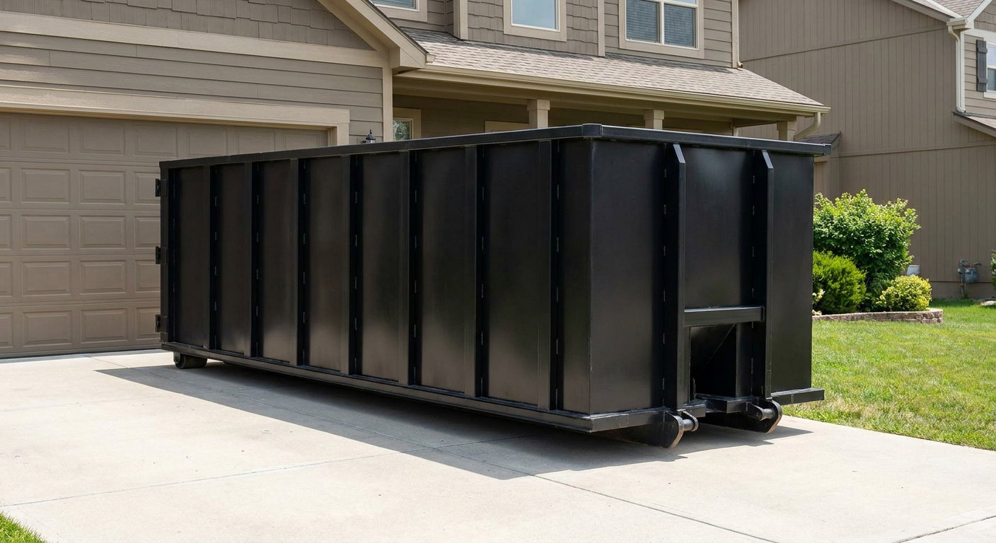 Matte-black residential roll-off dumpster sitting directly on a suburban Phelan concrete driveway, garage door closed, single-family home in background, bright morning daylight.
