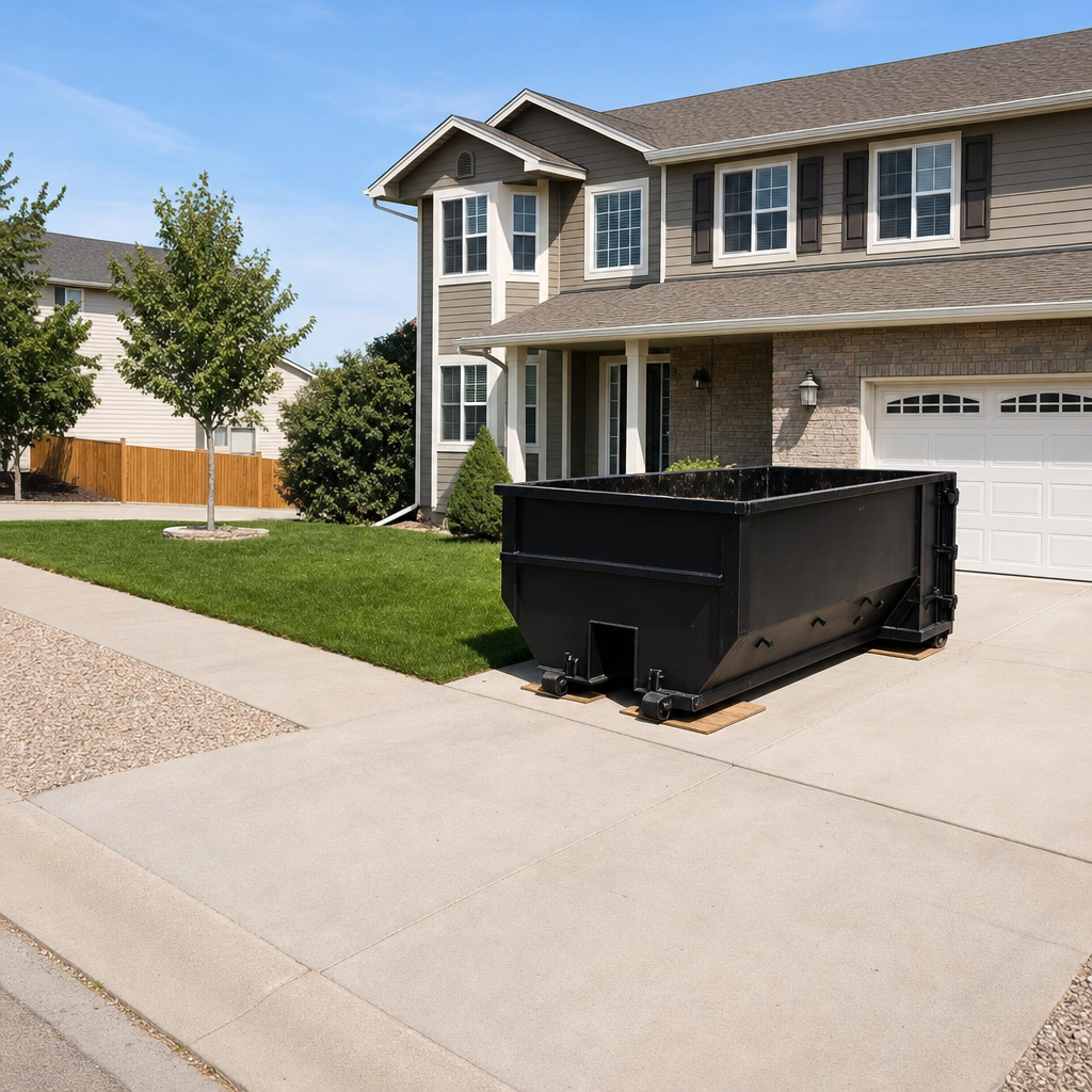 10-yard matte-black residential dumpster placed directly on a narrow Phelan concrete driveway, room remains for a parked sedan beside it, mid-morning natural light