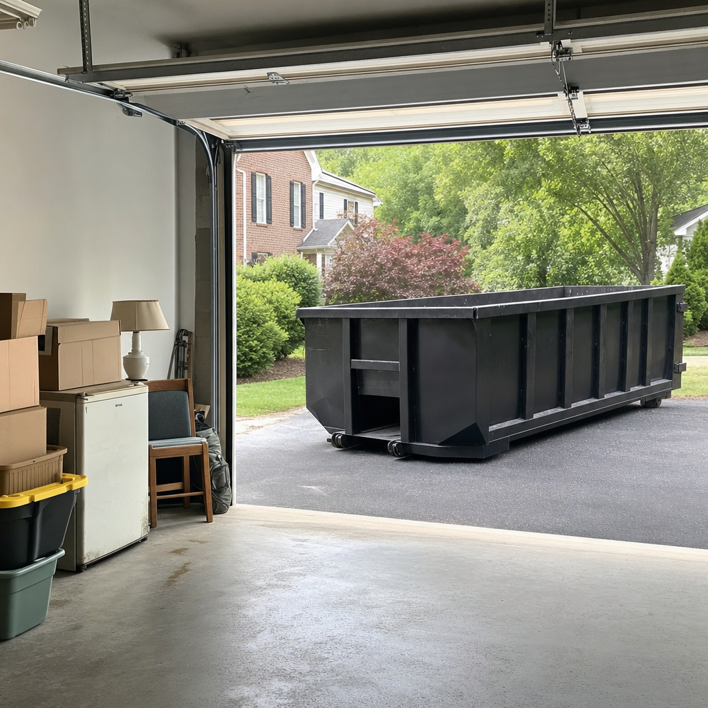 Open garage interior in a Phelan home mid-cleanout — boxed items, an old appliance, and stacked yard tools queued near the driveway for a matte-black roll-off dumpster, organized and calm
