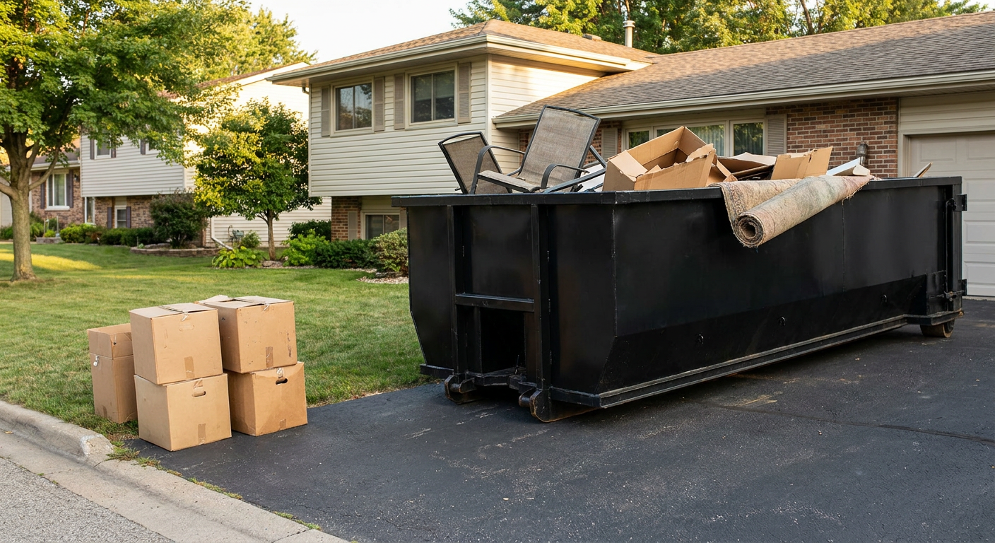 Front-yard view of a Phelan split-level home with a 20-yard matte-black roll-off dumpster sitting directly on the asphalt driveway, a few clearly labeled donation boxes staged at the curb, calm sunny afternoon.
