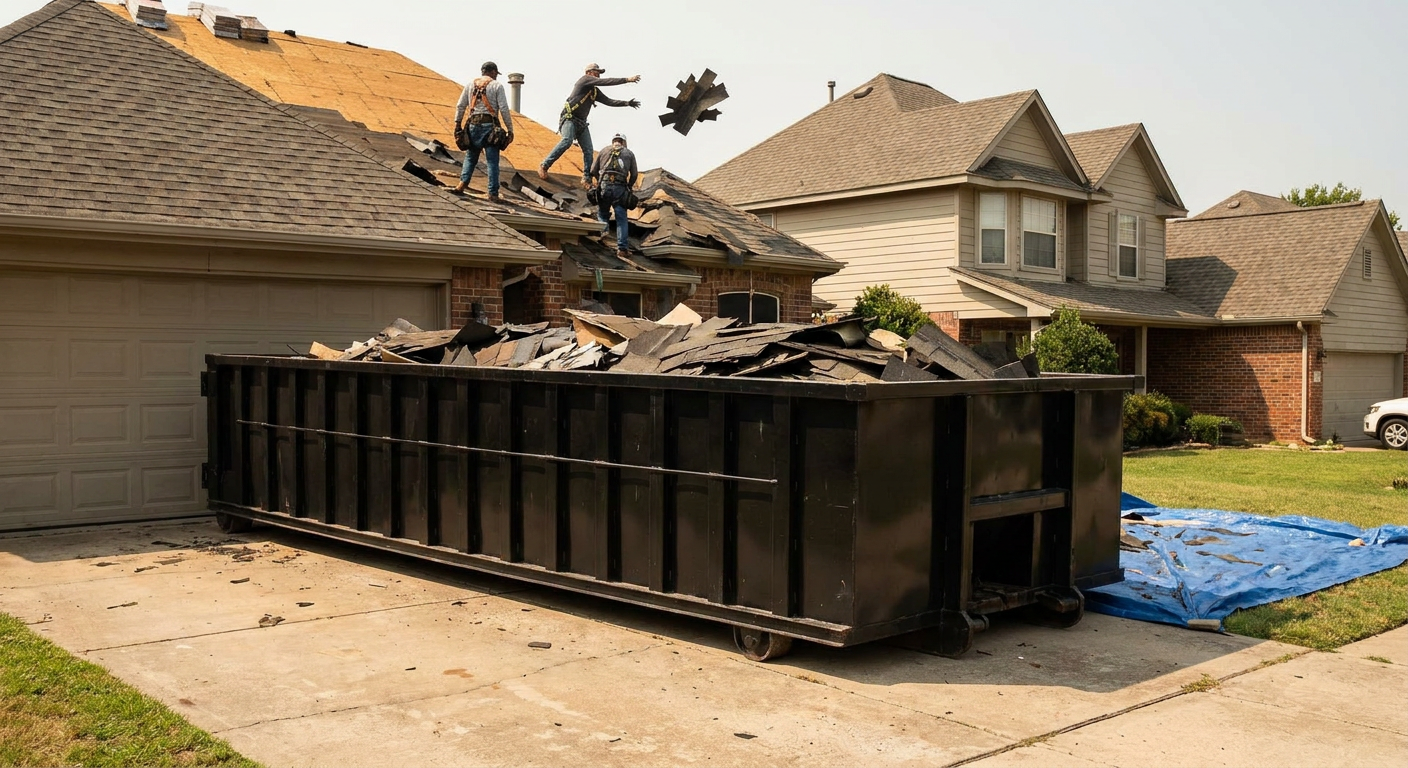 Matte-black roofing roll-off dumpster placed directly on a Phelan residential concrete driveway, a tear-off crew on a two-story asphalt-shingle roof tossing shingle bundles into the low-walled container, bright daylight, documentary 35mm perspective.