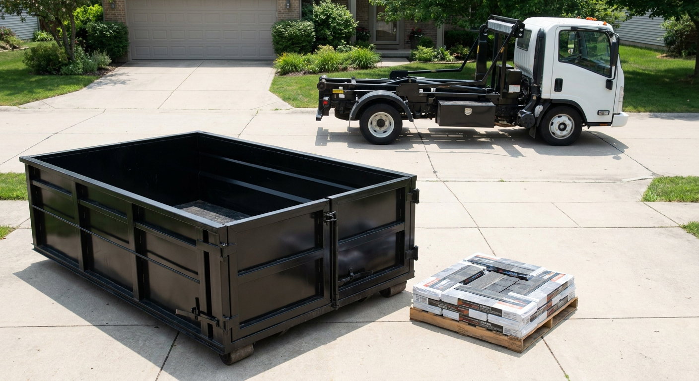 Matte-black 15-yard roofing roll-off dumpster with reinforced low side walls sitting directly on a Phelan residential concrete driveway, three-tab asphalt shingle bundles stacked nearby, an unmarked white hauler truck partially visible at the edge of the frame.