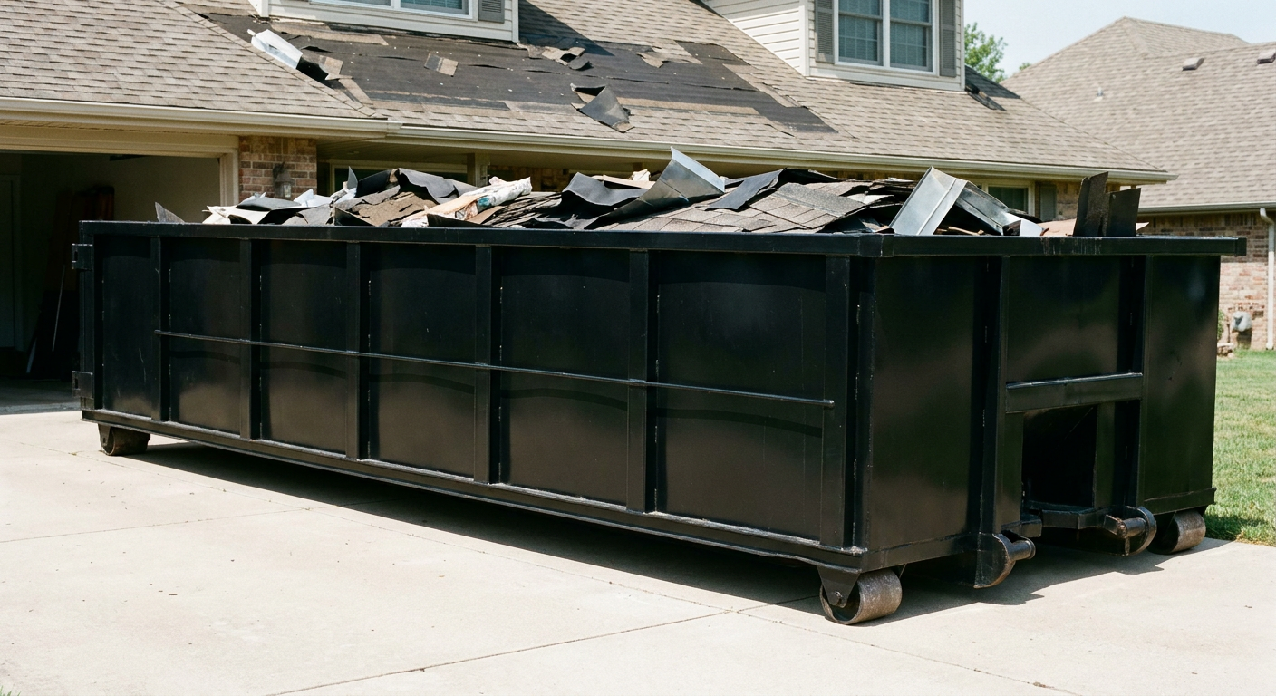 Matte-black 20-yard roofing roll-off dumpster with steel ribbed sides and swinging rear door, sitting directly on the concrete driveway of a two-story Phelan home, asphalt shingle debris being loaded over the low wall, clean documentary lighting.