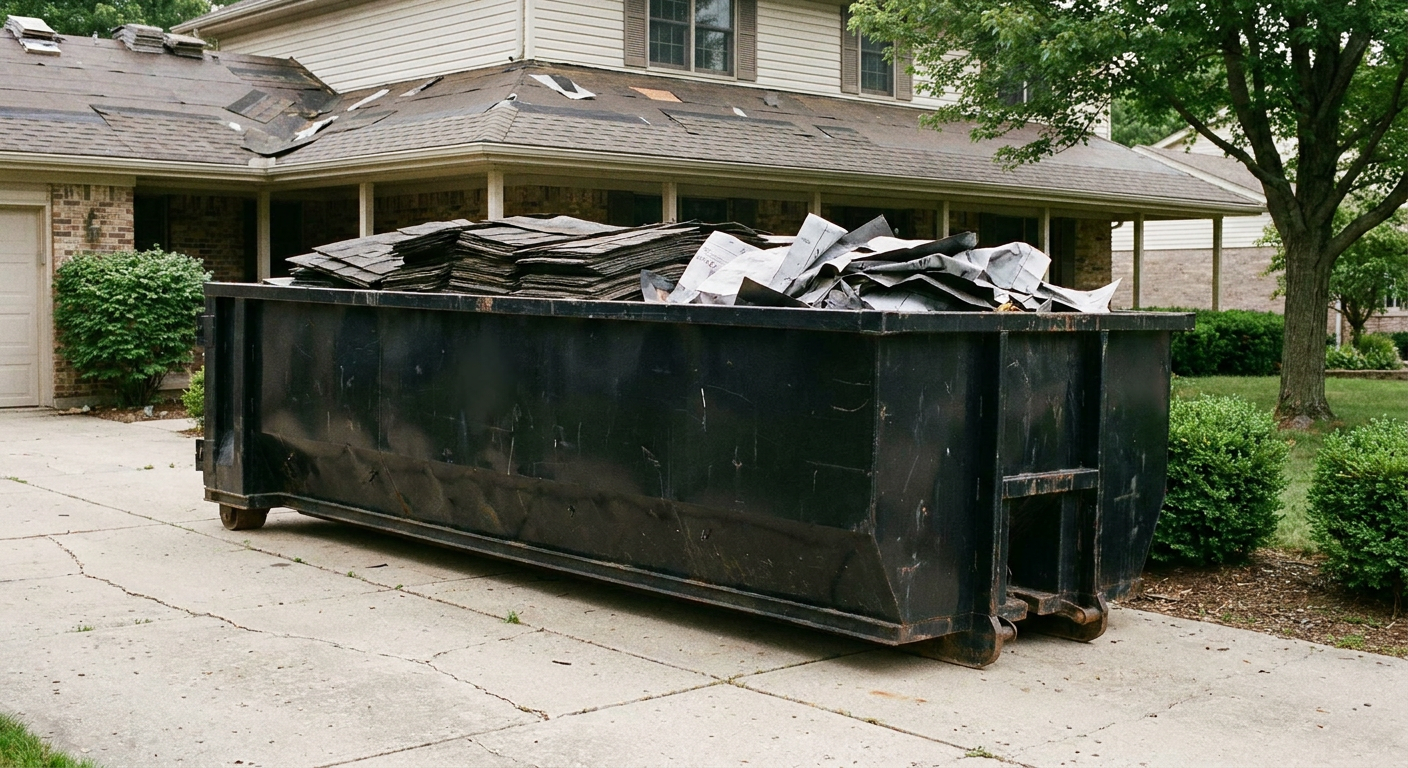 Matte-black 30-yard roofing roll-off dumpster sitting directly on a Phelan concrete driveway, taller ribbed steel side panels, mixed tear-off debris of asphalt shingles and underlayment inside, professional documentary daylight.