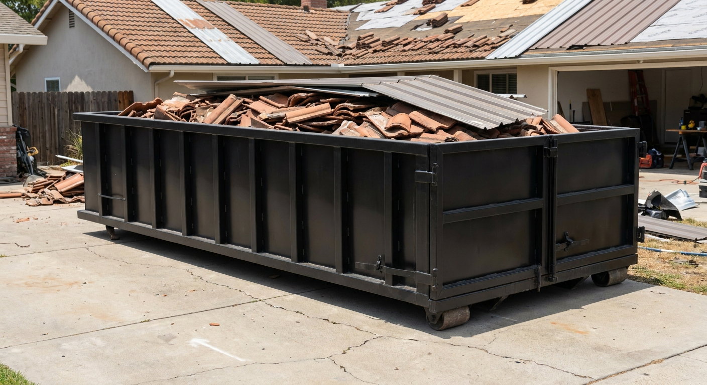 Matte-black low-wall heavy-debris roofing roll-off dumpster sitting directly on a Phelan concrete driveway, broken concrete clay roof tiles and metal panel sections loaded inside, reinforced ribbed steel side walls visible, bright outdoor daylight.