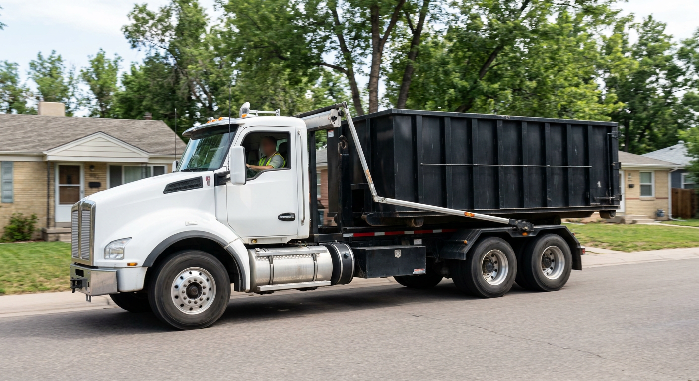 A wide documentary shot of a matte-black roll-off delivery truck pulling onto a quiet Phelan residential street at mid-morning, with neighborhood rooftops and tree-lined blocks visible behind, showing the metro coverage footprint.