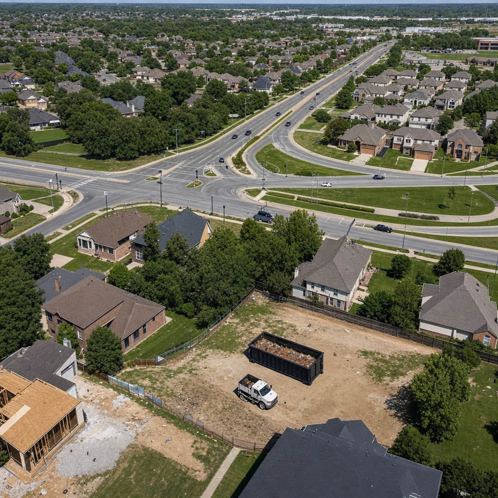 An overhead documentary view of the Phelan metro area at midday, showing the spread of neighborhoods, arterial roads, and the dispatch radius from a central yard — clean daylight, organized geographic layout.