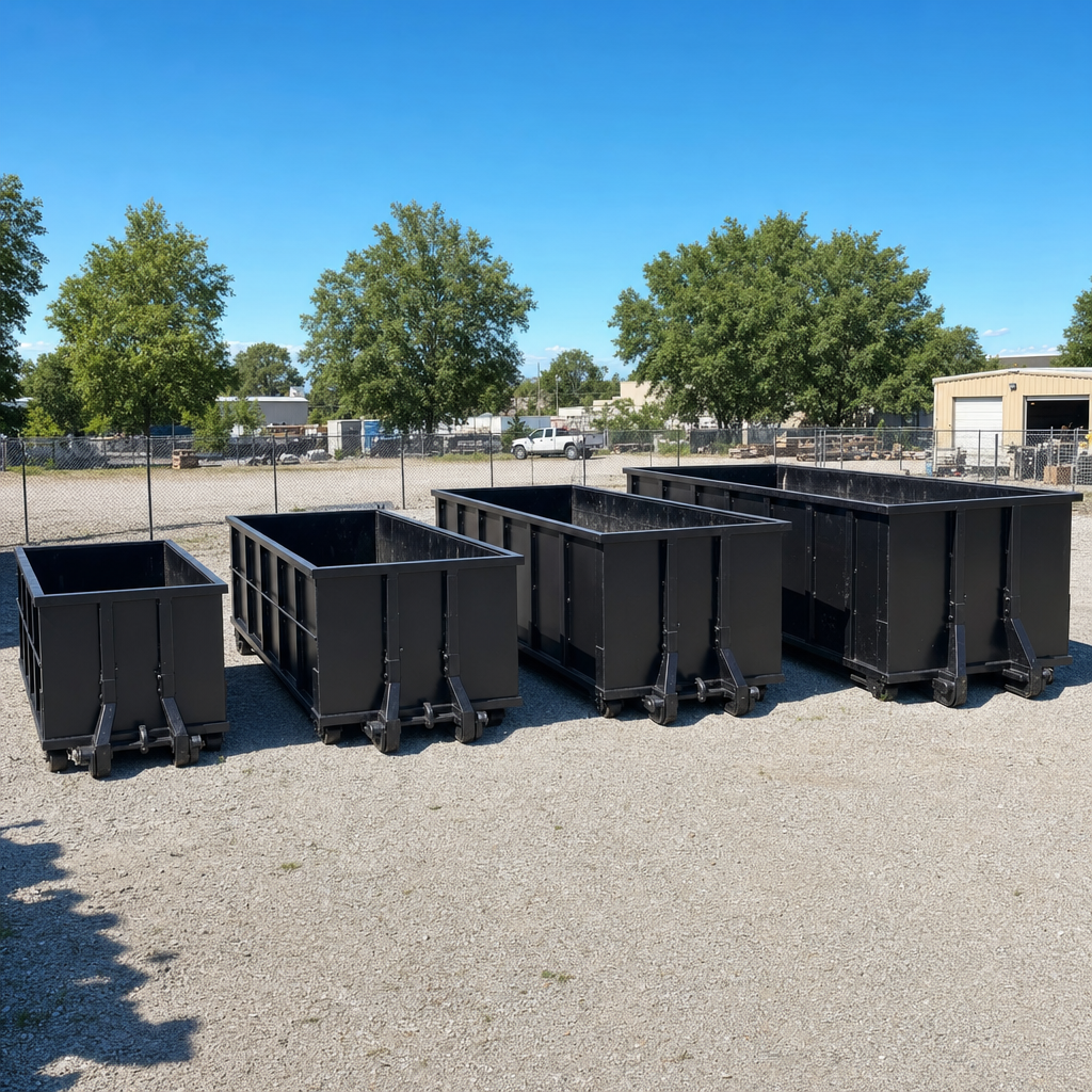A clean lineup of matte-black roll-off dumpsters in 10, 20, 30, and 40-yard sizes staged on a sunlit gravel yard in Phelan, showing the size progression from compact to commercial-scale containers.