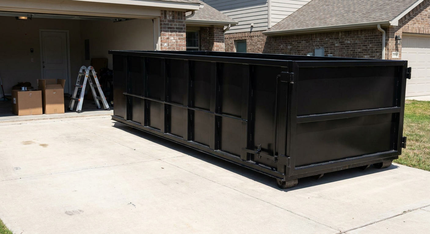 A matte-black 10-yard roll-off dumpster sitting directly on a residential Phelan concrete driveway, mid-day sunlight, clean and ready for a garage cleanout.