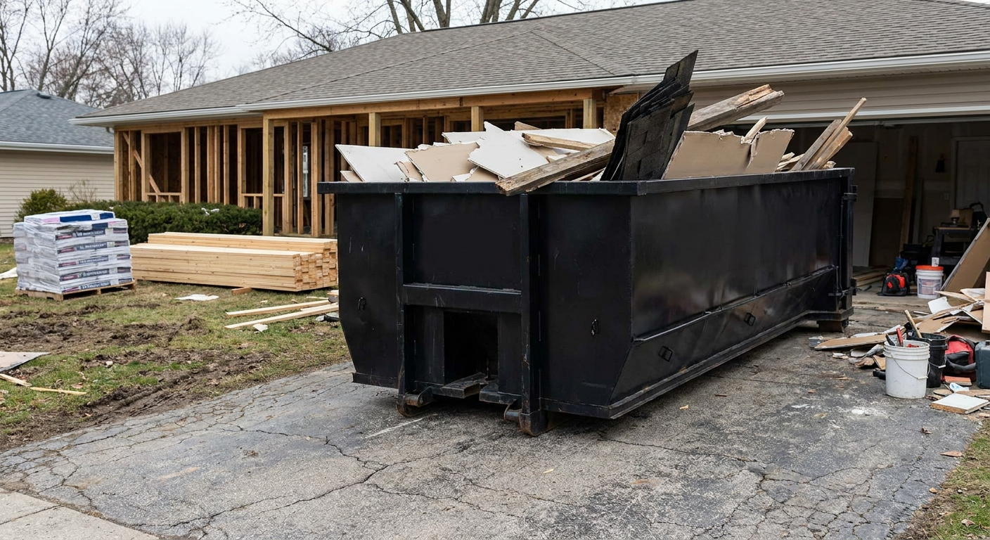 A matte-black 20-yard roll-off dumpster placed alongside a mid-renovation Phelan home directly on the asphalt driveway, with framing materials and torn-off shingles staged neatly nearby.