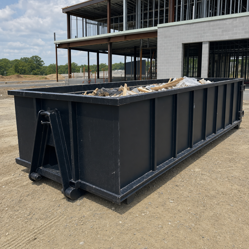 A matte-black 40-yard roll-off dumpster staged on a large Phelan commercial construction lot, with a hooklift delivery truck parked alongside under bright midday sky.