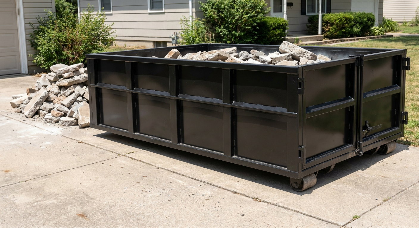 A matte-black low-side heavy-debris roll-off dumpster placed directly on a Phelan concrete driveway, with broken concrete chunks neatly stacked beside it under clean daylight.